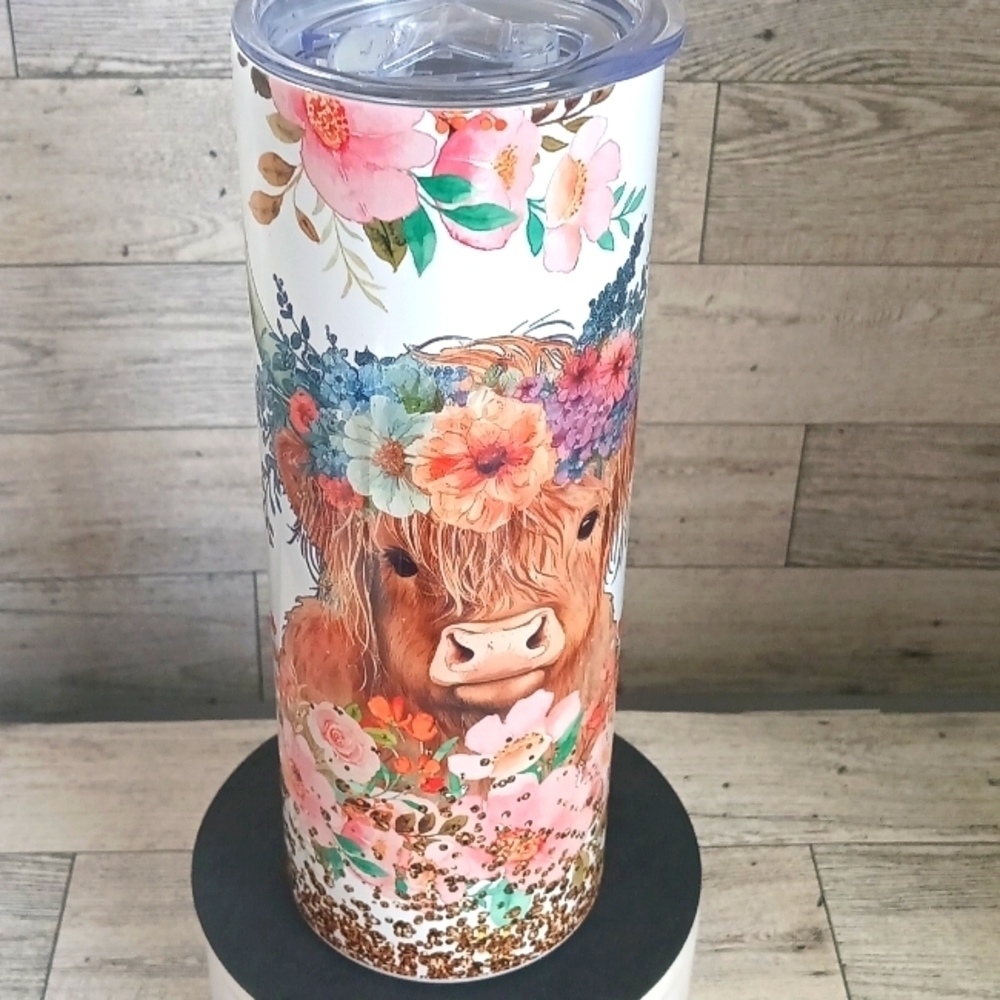 Highland Cow Floral Stainless Steel Handmade Tumbler 20oz